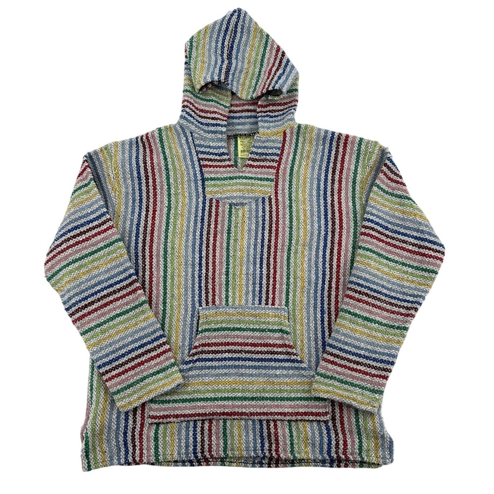 Frank's Baja Adult L Hoodie Pullover Striped Colorful Festival Poncho Rainbow